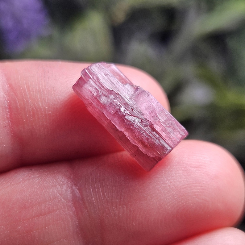 May include: A raw, pink tourmaline crystal. The gemstone is a vibrant shade of pink with visible striations and a slightly rough texture. The crystal is held between fingers, with a blurred green and purple background.
