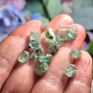 May include: A collection of small, green emerald crystals with a rough, natural finish. The crystals are various shapes and sizes, and some have a slight golden hue.