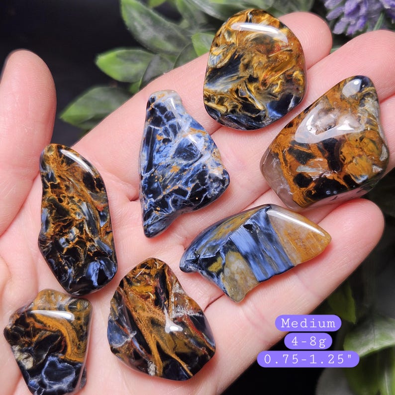 May include: Seven polished tumbled stones featuring a mix of deep blue, golden brown, and black swirling patterns. A purple text overlay indicates these are medium stones weighing 4-8g and measuring 0.75-1.25 inches in size.