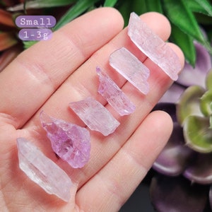 May include: A collection of six small, pale pink to purple selenite crystal points, ranging in size from 1 to 3 grams. The crystals are displayed on a hand, with the text "Small 1-3g" visible in the background.