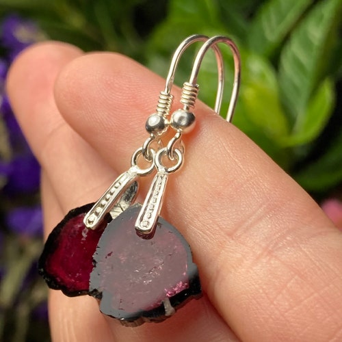 Pink Tourmaline Earrings / Black Tourmaline / Pink shops Tourmaline Jewelry / Bi-color Tourmaline / Crystal Earrings / Sterling Silver Earrings