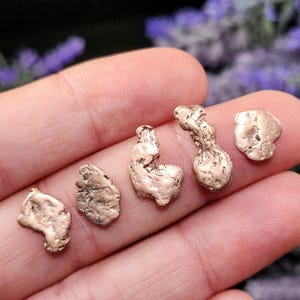 May include: Close-up of several small, irregularly shaped gold nuggets. The nuggets have a textured, rough surface and a warm, metallic color. The nuggets are displayed against a blurred background of a person's skin and purple flowers.