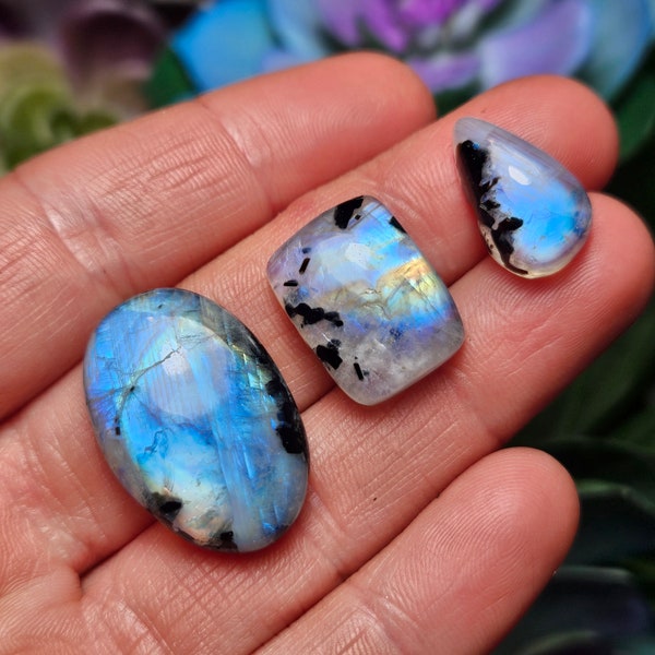 Rainbow Moonstone & Black Tourmaline / Rainbow Moonstone / Rainbow Moonstone Slice / Polished Moonstone / Moonstone Crystal / Cabochon