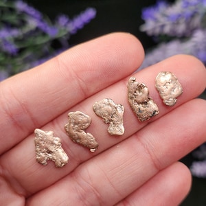 May include: A collection of six irregularly shaped, gold-colored nuggets. The nuggets vary in size and have a rough, textured surface. The image is set against a blurred background of green and purple foliage.