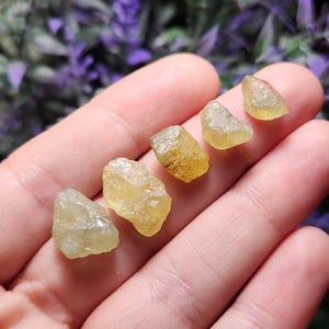 Puede incluir: Cinco piedras preciosas amarillas en bruto y talladas se muestran en una mano. Las piedras var&iacute;an en tama&ntilde;o y forma, con una apariencia ligeramente transl&uacute;cida. Las piedras tienen una est&eacute;tica natural y terrosa, con una gama de tonos amarillos.