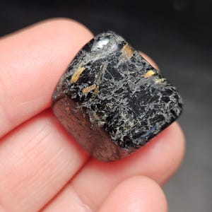 May include: A polished, black gemstone with a slightly rounded shape. The stone has a glossy surface with visible inclusions of lighter, golden-brown minerals. The overall appearance is dark and textured, with a subtle sheen.