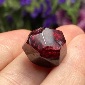 May include: A deep red, faceted garnet crystal with a dodecahedron shape.