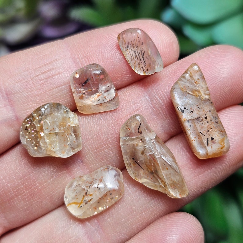 May include: Six polished sunstone crystals in assorted shapes and sizes. The stones are translucent with a warm, golden-orange hue, featuring sparkling inclusions and dark, linear patterns. The crystals are held in a hand against a blurred green backdrop.