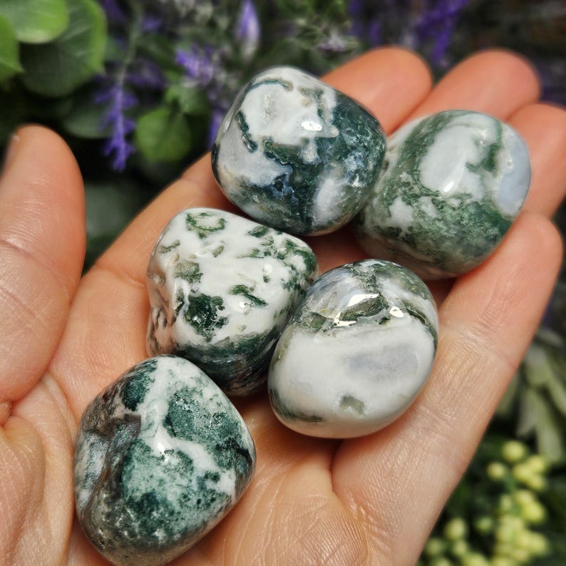 May include: Five polished moss agate stones with smooth, rounded surfaces. Each stone features a distinct pattern of opaque white and deep forest green inclusions, creating a marbled appearance with a glossy, reflective finish on the surface.