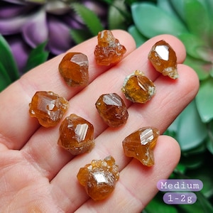 May include: A collection of medium-sized, orange-brown crystals. The crystals have a faceted, geometric shape and are displayed on a hand. The image includes text that reads "Medium 1-2g".