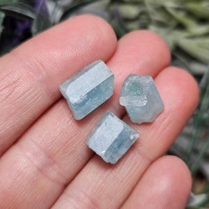 K&ouml;nnte beinhalten: Drei kleine, hellblaue Aquamarinkristalle. Die Kristalle haben eine facettierte, geometrische Form und ein durchscheinendes Aussehen. Die Kristalle werden in einer Hand gehalten, mit einem verschwommenen gr&uuml;nen Hintergrund.