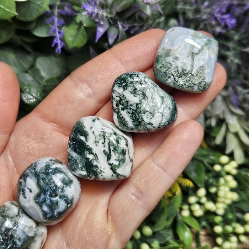 May include: Five polished, tumbled stones featuring a white base with deep green, moss-like inclusions. Each stone has a smooth, rounded shape with a glossy finish, displaying unique patterns of dark green mineral deposits against a milky white background.