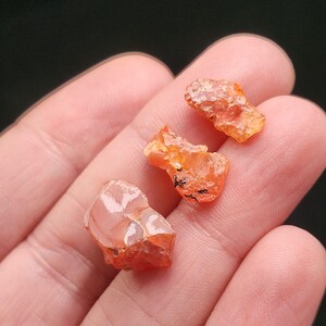 May include: Three raw, orange-colored carnelian gemstones are displayed in a hand. The stones have a rough, natural texture and varying shapes. The gemstones are translucent, allowing light to pass through them.