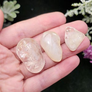 May include: Three polished, translucent gemstones in varying sizes are held in a hand. The stones range in color from pale yellow to clear, with subtle internal patterns. The gemstones are smooth and rounded, with a natural, organic shape.
