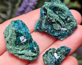 Puede incluir: Tres piezas de mineral de malaquita natural en bruto. La malaquita tiene un color verde esmeralda y verde azulado intenso con una estructura cristalina. Las piezas minerales son ásperas e irregulares, con una superficie ligeramente reflectante.