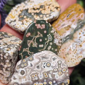 Puede incluir: Una colecci&oacute;n de piedras de jaspe oce&aacute;nico pulidas con superficies lisas y patrones orbiculares distintivos. Las piedras muestran una variedad de colores que incluyen verde bosque profundo, blanco crema, amarillo mostaza y rosa suave con inclusiones circulares.