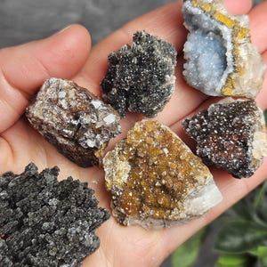 May include: A collection of various raw mineral specimens, including a geode with a light blue interior, and other pieces with dark, sparkling, and crystalline textures. The minerals display a range of colors, from brown and gold to black and white.