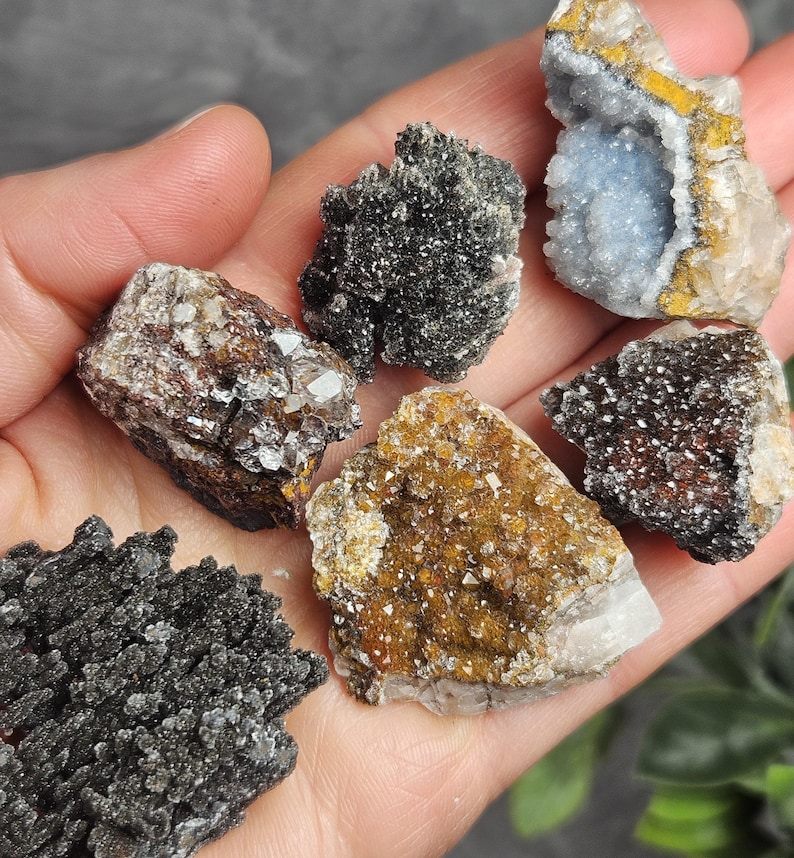 May include: A collection of various raw mineral specimens, including a geode with a light blue interior, and other pieces with dark, sparkling, and crystalline textures. The minerals display a range of colors, from brown and gold to black and white.