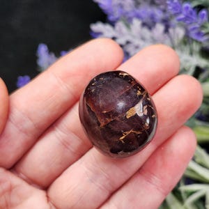 May include: A polished, oval-shaped gemstone with a deep burgundy color and golden inclusions. The stone is smooth and reflective, with a natural, organic appearance. The gemstone is held in an open hand, with a blurred background of purple flowers.