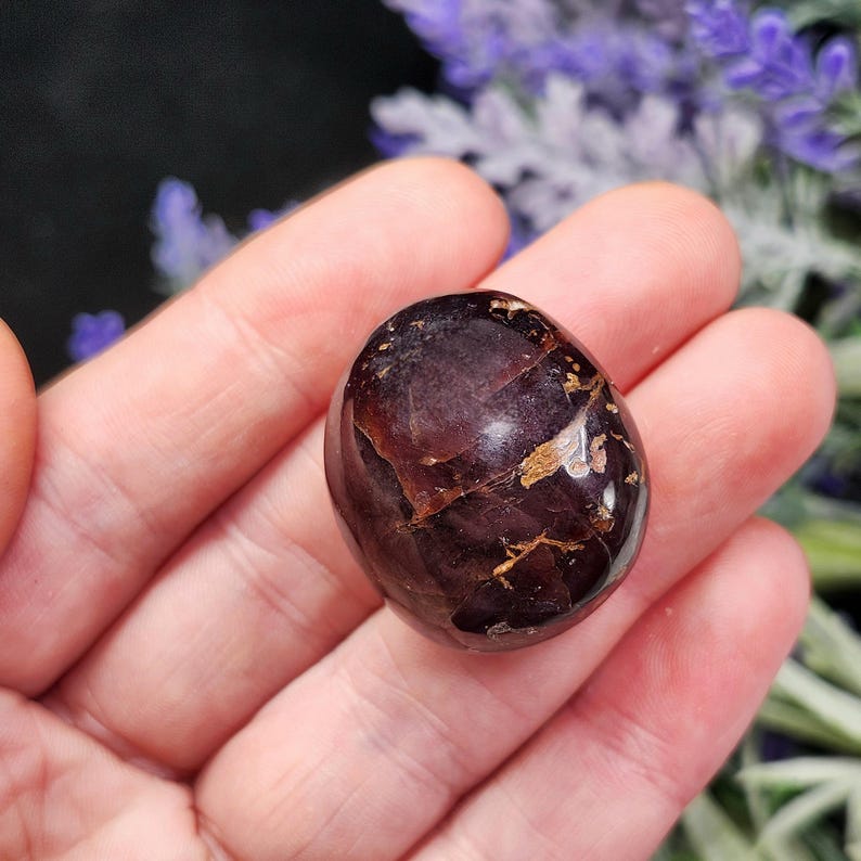 May include: A polished, oval-shaped gemstone with a deep burgundy color and golden inclusions. The stone is smooth and reflective, with a natural, organic appearance. The gemstone is held in an open hand, with a blurred background of purple flowers.