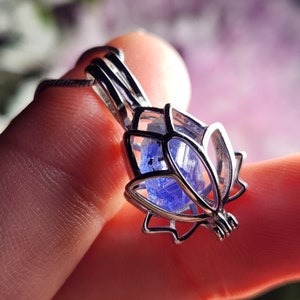 Raw Tanzanite Crystal Pendant: Sterling Silver Lotus Cage Necklace