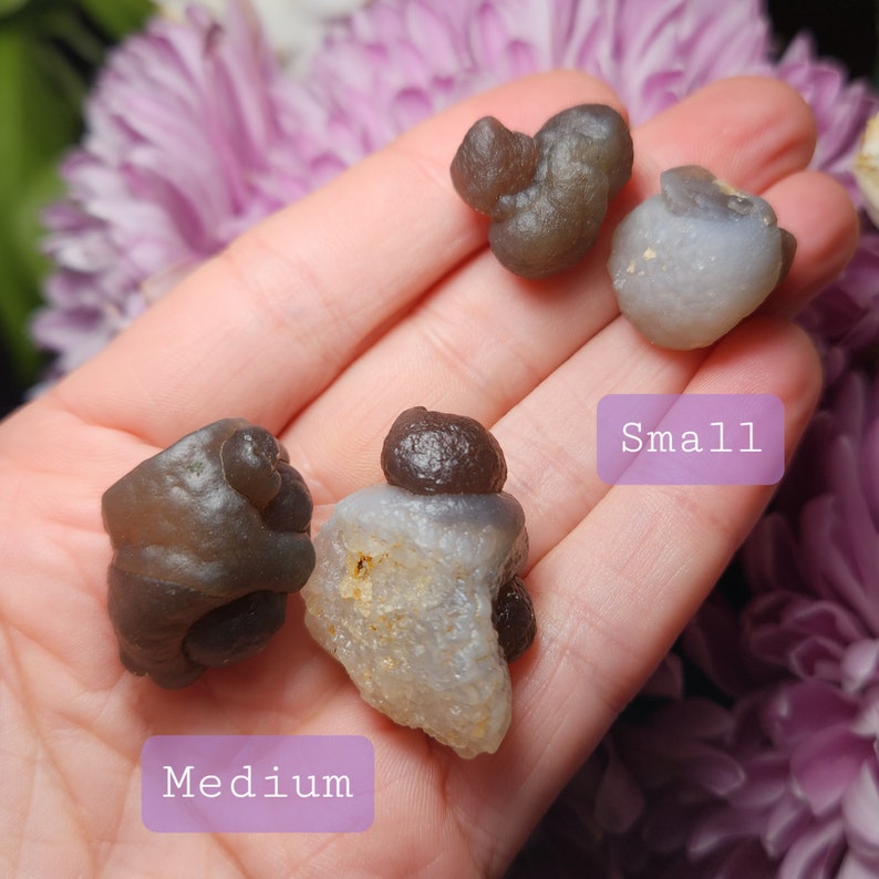 Puede incluir: Tres n&oacute;dulos de &aacute;gata, uno peque&ntilde;o, uno mediano y uno grande, con una gama de colores marr&oacute;n y gris. Los n&oacute;dulos se sostienen en una mano, con las palabras "Peque&ntilde;o" y "Mediano" escritas en la imagen.