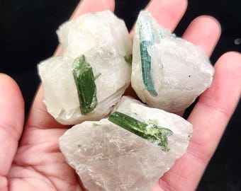 May include: A selection of raw tourmaline crystals, displaying green and blue-green hues, set within white quartz. The crystals are held in a hand against a dark backdrop, highlighting their natural, unpolished texture and colour variations.
