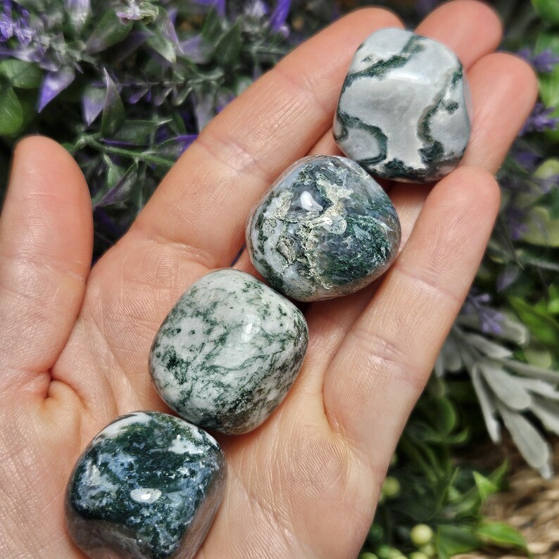 May include: Four polished moss agate stones with smooth, rounded surfaces. Each stone features a unique pattern of deep forest green inclusions set against a translucent, milky white and grey base, creating a natural, organic appearance.