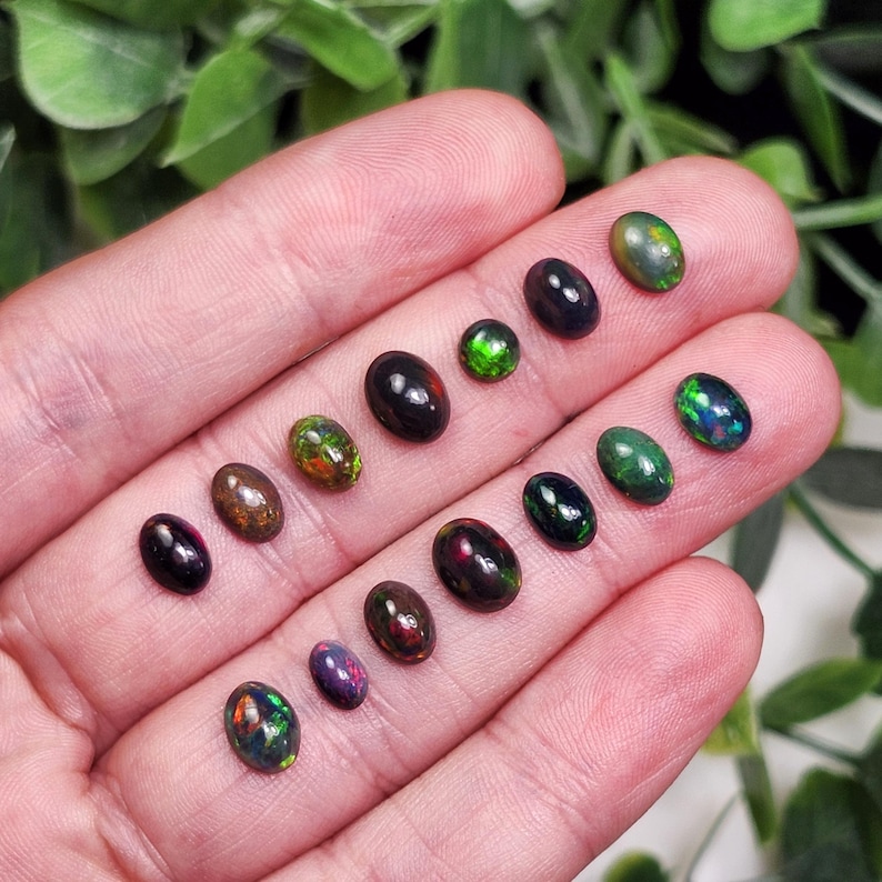 May include: A collection of oval-shaped opals in various colors, including black, green, brown, and purple. The opals are displayed on a hand, showcasing their iridescent qualities. The gemstones vary in size and exhibit a play of color.