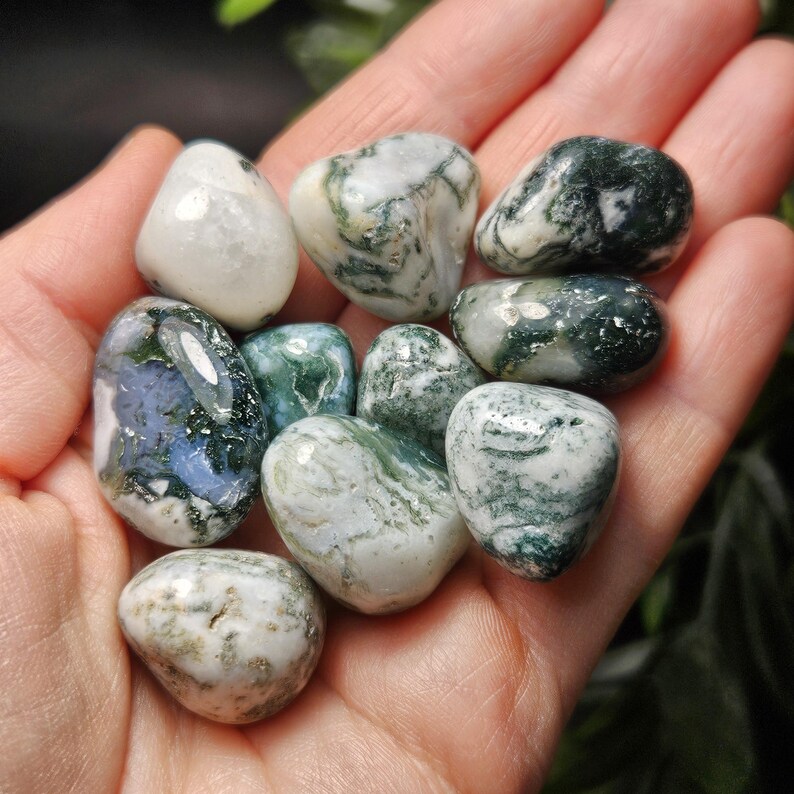 May include: A collection of ten polished moss agate stones with smooth, rounded surfaces. The stones feature a mix of opaque white, translucent gray, and deep forest green inclusions that create intricate, branch-like patterns throughout.