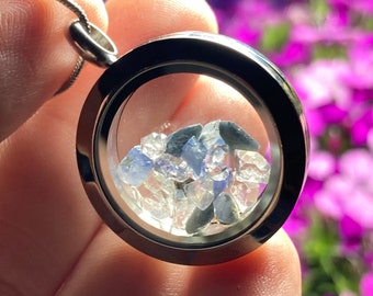 Benitoite Herkimer Diamond Locket Pendant: Rare Crystal Gemstone