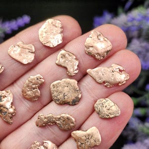 May include: A collection of small, irregularly shaped copper nuggets. The nuggets have a warm, reddish-brown color and a rough, textured surface. They are displayed on a hand, with a blurred background of purple flowers.