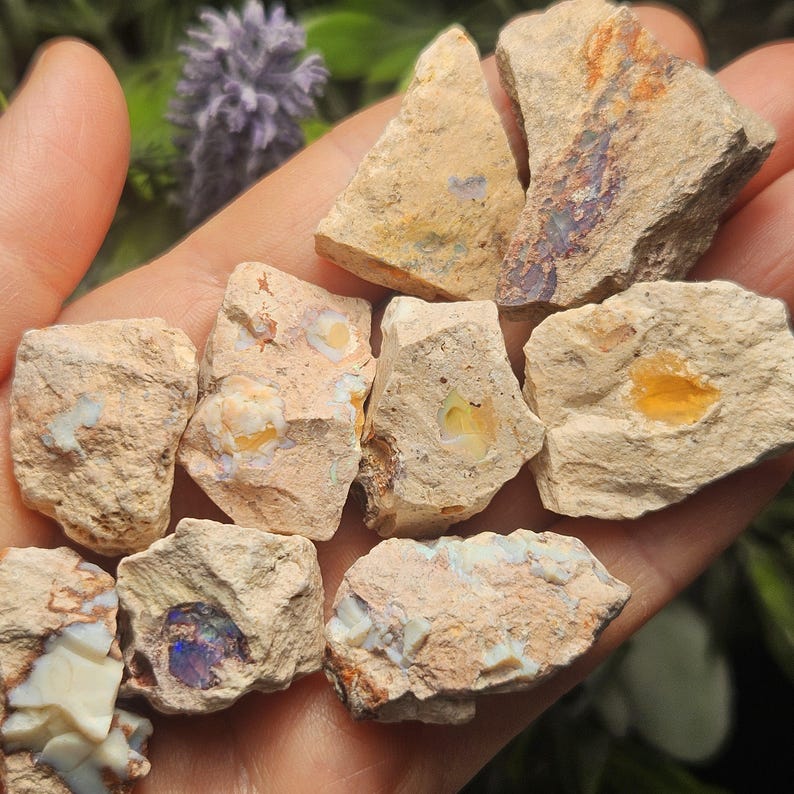 May include: A collection of raw, unpolished opal stones featuring irregular, sandy-colored rock matrices with embedded flashes of iridescent color, including vibrant orange, blue, and white mineral deposits visible within the rough stone surfaces.
