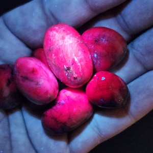 May include: A collection of smooth, oval-shaped stones in varying shades of red and pink. The stones have a polished appearance and are held in a hand. The stones have dark veins and spots.