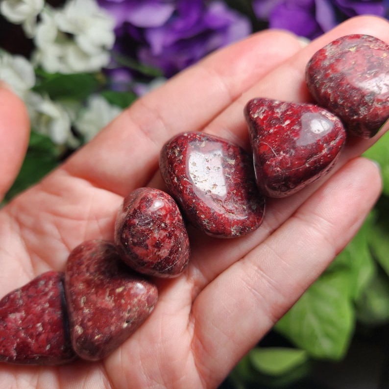May include: A collection of six red jasper tumbled stones. The stones are smooth and polished, with a variety of red and white patterns.