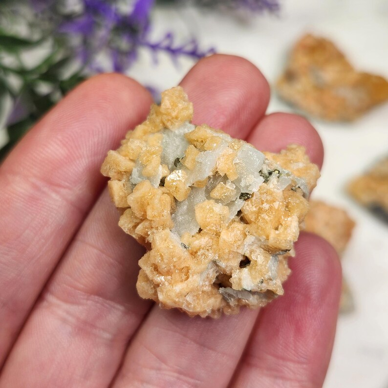 May include: A close-up of a mineral specimen held in a hand. The mineral features a light orange, crystalline structure with a pale blue-grey base. Other mineral fragments are visible in the background, along with purple flowers.
