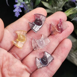 May include: Five small, translucent bat-shaped crystal carvings in shades of yellow, purple, and clear. Each bat has a rounded body and outstretched wings. The crystals are held in a hand against a blurred background of greenery.