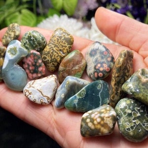 May include: A collection of polished, multi-colored, and patterned ocean jasper stones. The stones are various shapes and sizes, with shades of green, brown, white, and pink.