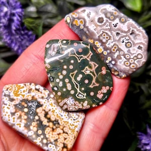Puede incluir: Tres piedras de jaspe oce&aacute;nico pulidas con patrones circulares distintos. Una piedra es de color verde oscuro con orbes blancos y rosados, mientras que las otras dos presentan inclusiones circulares crema, beige y amarillas sobre un fondo gris y blanco.