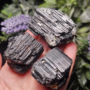 Peut inclure: Trois cristaux de tourmaline noire brute avec des stries verticales distinctes et une surface brillante et r&eacute;fl&eacute;chissante. Les pierres pr&eacute;sentent des bords dentel&eacute;s et irr&eacute;guliers ainsi que de petites inclusions min&eacute;rales claires.