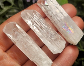 May include: Three clear, elongated crystals with a slightly opaque appearance. The crystals have a faceted, geometric shape and a subtle, iridescent sheen in places. The crystals are held in a hand, with a blurred background of greenery.
