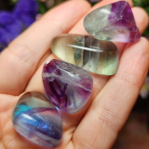 May include: Four tumbled fluorite stones in various shades of green, purple, and blue. The stones are smooth and polished, with a translucent appearance.