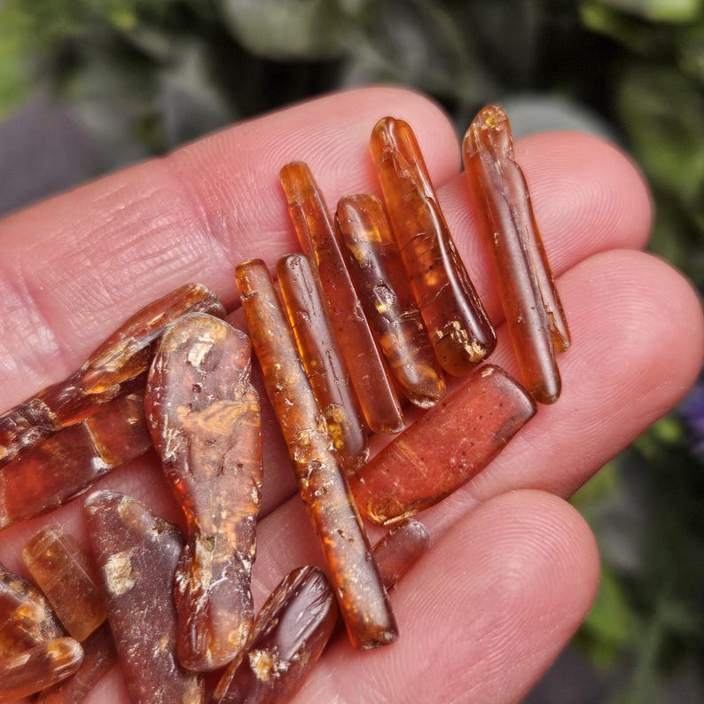 May include: A collection of raw amber pieces, varying in size and shape, held in a hand. The amber has a translucent, golden-brown color, with some pieces appearing more opaque. The pieces are rough and natural, with a slightly glossy sheen.