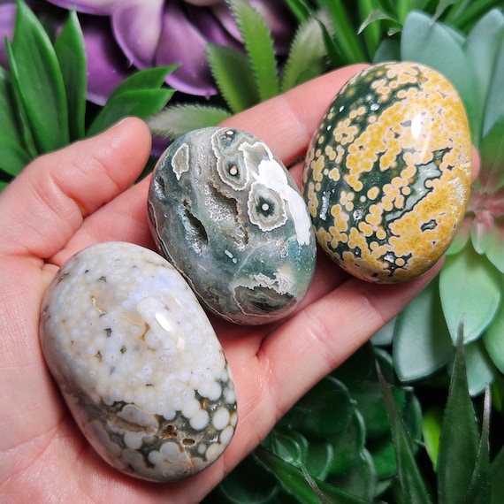 Orbicular Ocean Jasper Palm Stone, Natural Polished Ocean Jasper