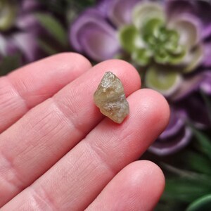 Puede incluir: Un peque&ntilde;o cristal amarillo claro, en bruto, se sostiene entre dos dedos. El cristal tiene una forma natural e irregular con textura visible y sutiles variaciones de color. El fondo est&aacute; borroso, con toques de morado y verde.