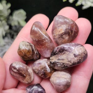 May include: A collection of tumbled amethyst stones in various shades of purple, brown, and white. The stones are smooth and polished, with natural patterns and textures. The stones are held in a hand.
