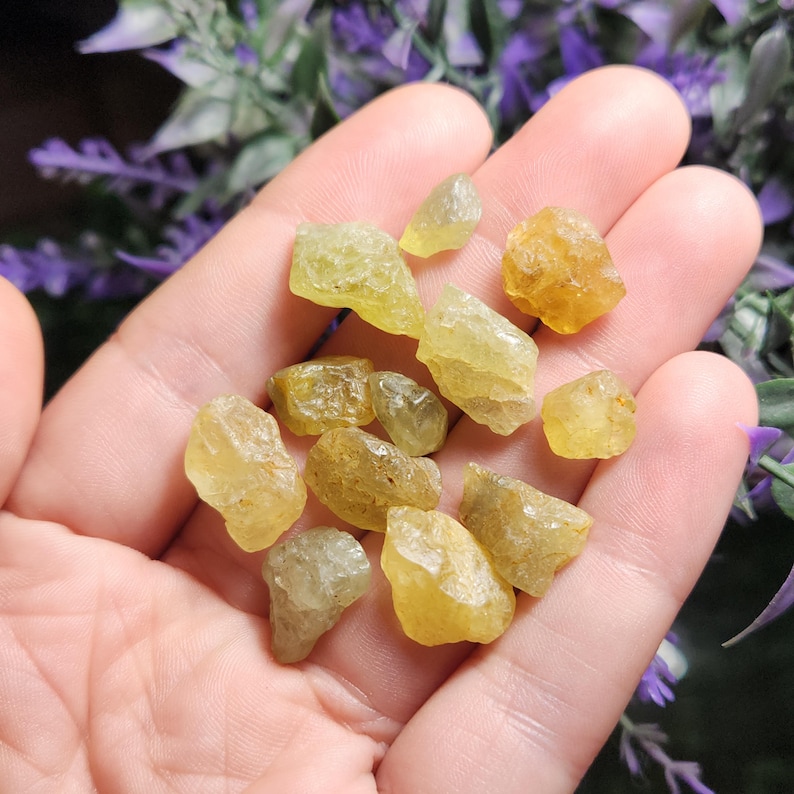Puede incluir: Un pu&ntilde;ado de piedras preciosas en bruto de color amarillo verdoso. Las piedras var&iacute;an en tama&ntilde;o y forma, con una apariencia ligeramente transl&uacute;cida. El fondo presenta flores moradas.