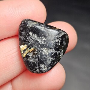 May include: A polished black gemstone with a triangular shape. The stone has a glossy surface with silver and gold flecks. The gemstone is held between two fingers. The background is dark.