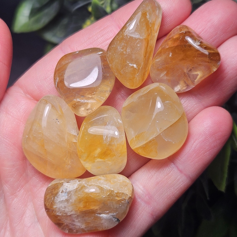 May include: A collection of seven polished, tumbled golden rutilated quartz stones. Each stone features a translucent, honey-yellow hue with visible needle-like golden inclusions embedded within the crystalline structure, creating a smooth, glossy finish.