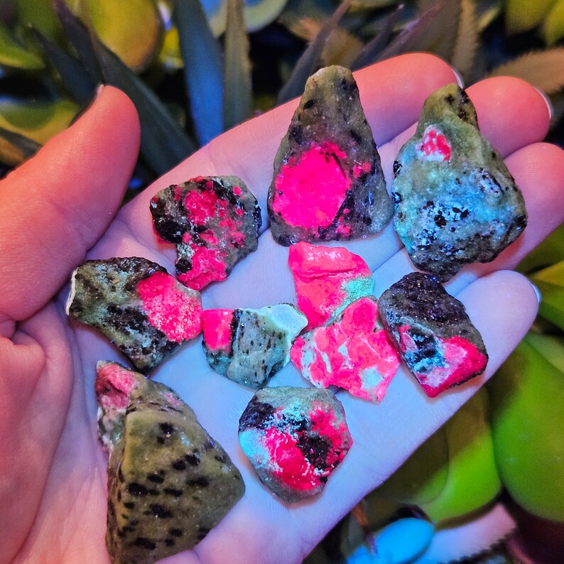 Pu&ograve; includere: Una collezione di piccole rocce di forma irregolare con un aspetto verde scuro e nero maculato. Le rocce presentano vivaci macchie fluorescenti rosa neon e blu, creando un contrasto sorprendente. Le rocce sono tenute in una mano.